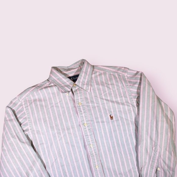 Polo Ralph Lauren Thick Button Up Down Front White Shirt Teal Strip Size 16 - 32 - Picture 4 of 8